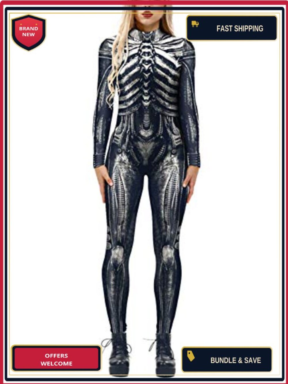 Skull Skeleton Rose Print Long Sleeve Bodycon Jumpsuit Halloween Costume